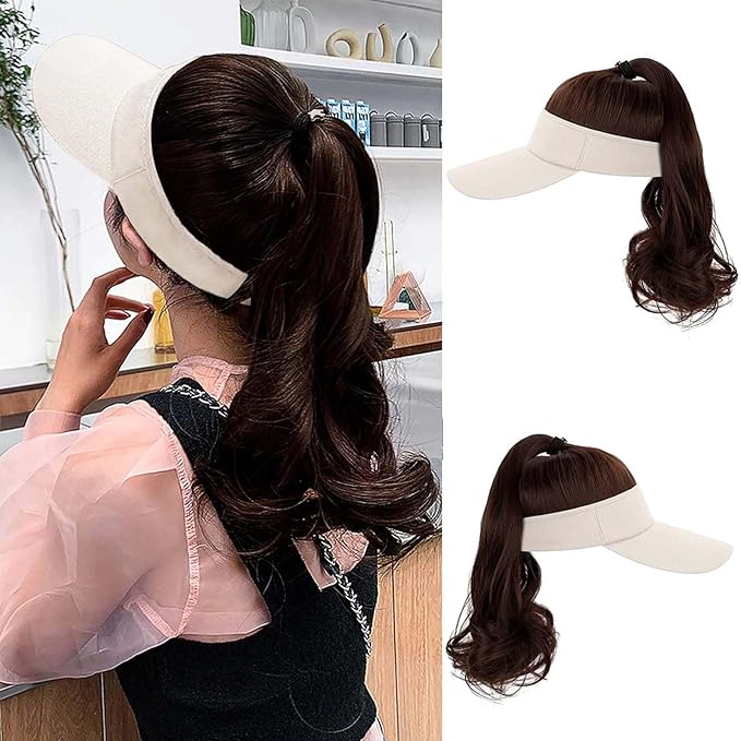 Visor Hat Wig for Women Baseball Cap Wig With Curly Synthetic Hair Extensions Ponytail Cap Wig Sun Hat With Hair Wig