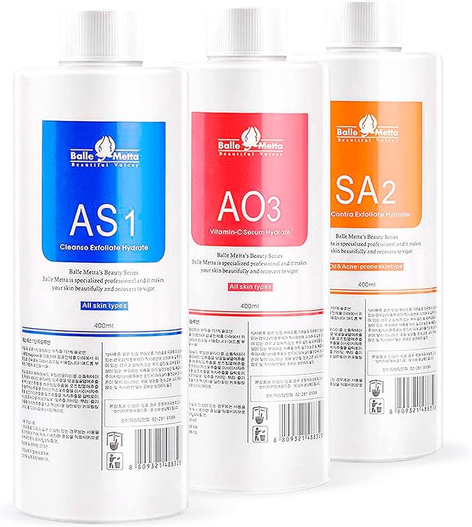 BR?UN Hydrogen Oxygen Facial Machine Serums for Facial Cleansing ? A Pack of 400ml 3 Aqua Peeling Solution AS1 SA2 and AO3 ?Skin Care Hydra Solution for Vacuum face Cleaning Jet for Home and Spa
