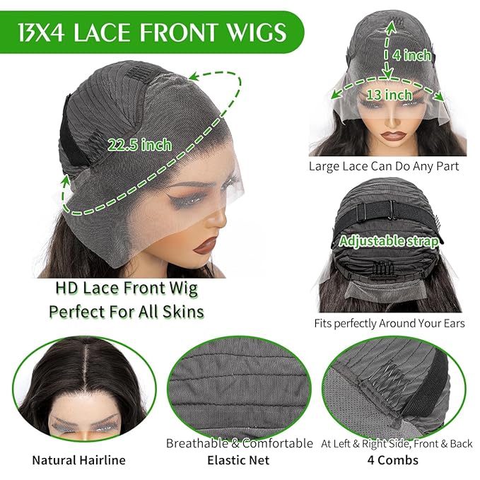 32 Inch 13x4 Body Wave Lace Front Wigs Human Hair 250 Density HD Lace Front Wigs Pre Plucked Brazilian Virgin Human Hair Wigs for Women Glueless Frontal Wigs Natural Color Body Wave Wig