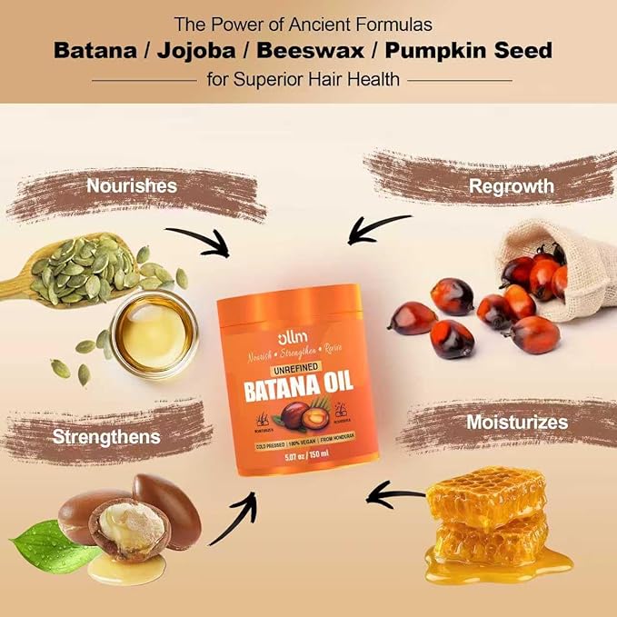 OLLM Raw Batana Oil for Hair Growth - 5oz Repair Damaged Hair Organic Formula from Honduras for Latina Women With Curly Hair Ages 25-35 - Wash Day Routine At-Home Salon Use