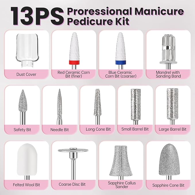 Electric Nail Drill Cordless 2000 mAh Rechargeable Portable Nail File 12 in 1 Kit for Thick Toenails 10 Speeds Nail Dril Machine Professional Manicure Pedicure for Hand Natural Nails Care (Pink)