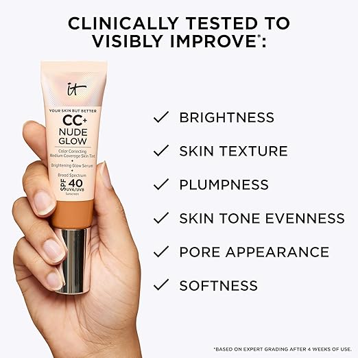 IT Cosmetics CC+ Nude Glow - Medium Coverage Foundation with SPF 40 &amp Brightening Glow Serum Lightweight Skin Tint 2% Niacinamide + Hyaluronic Acid Up to 24H Hydration Normal/Dry Skin - 1.08 f