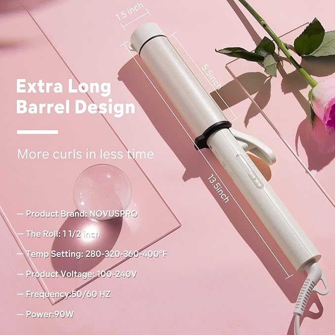 1.5 Inch Extra Large Curling Wand for Long Hair - Ceramic Tourmaline Barrel with 40000000 Negative Ions 2 Clips &amp Heat-Resistant Glove