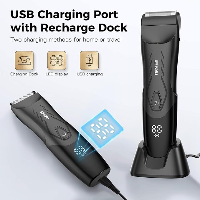 2-in 1 Body Hair Trimmers for Men Pubic Groin Hair Trimmer for Men with Dual-Head Trimmer &amp Foil Blade Electric Ball Trimmer Razors w/Light Charging Dock Waterproof Body Groomer Shaver Kit