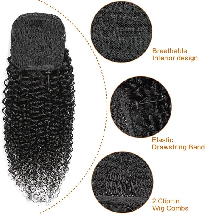 Datanala Brazilian Remy Kinky Curly Ponytail Extensions 22Inch Human Hair Drawstring Ponytail Extension Ponytail Clip in Hair Extensions Nature Black Color for Black Women