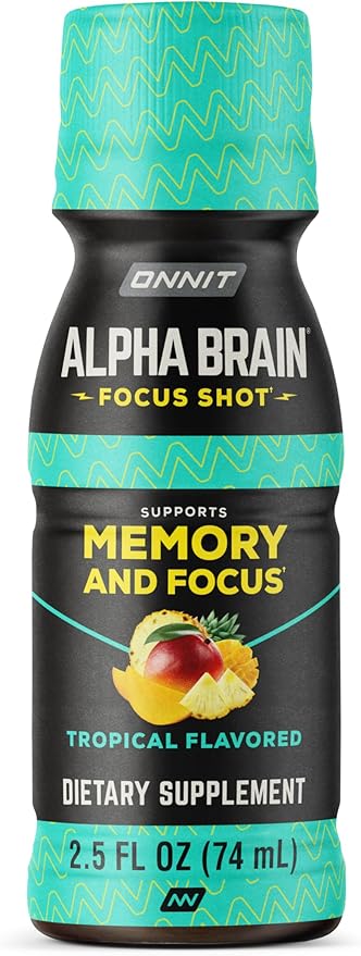 ONNIT Alpha Brain Focus Shot Tropical Flavor Nootropic Dietary Supplement Drink That Supports Energy Focus and Mood IGEN??Non-GMO Tested 2.5 fl oz 6 Count