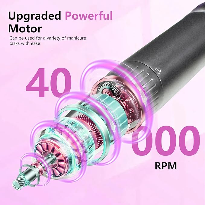 BETE Professional Nail Drill 40000 RPM Cordless Electric Nail File Kit with 6 Bits Rechargeable Efile for Acrylic Gel Nails Polishing Manicure Tools for Salon Home Use Rose Red