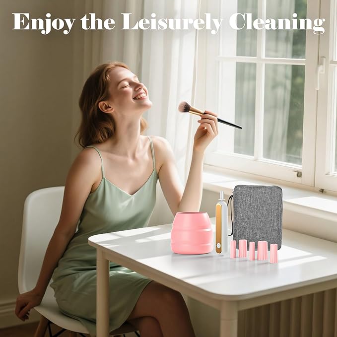 Electric Makeup Brush Cleaner Machine -15000RPM Fast Deep Cleaning and Dry Make Up Brushes Efficient Cleaning With Storage Cas Portable Spinning Washer gift for women- pink