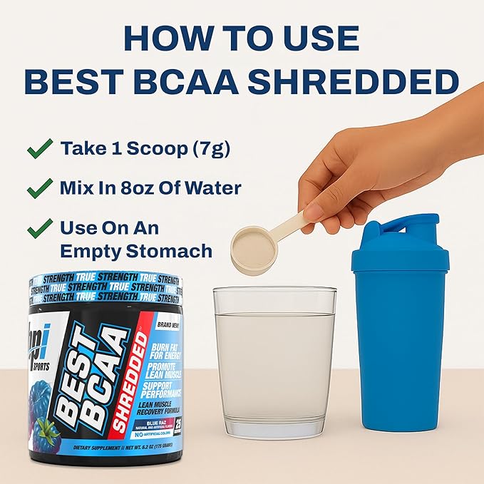 BPI Sports Best BCAA Shredded - Caffeine Free Thermogenic Recovery Drink Lean Muscle Building BCAA Powder for Women and Men Preworkout BCAAs Amino Acids Drink- Blue Raz - 25 Servings