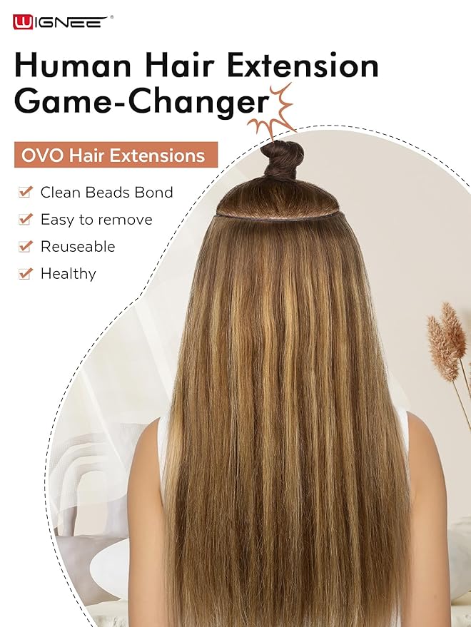 WIGNEE 20 Inch Double Invisible PU OVO Human Hair Extensions 100% Remy Human Hair Weft Highlight Honey Blonde Hair Extensions Human Hair 2PCS Glueless Wefts Micro Beads Hair Extension (T4/27)