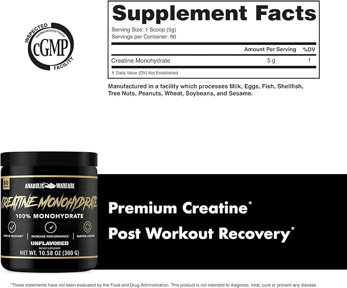 Anabolic Warfare Creatine Monohydrate Post Workout Recovery Increase Performance Sustain Loading Premium Creatine* (60 servings)