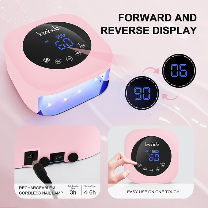 Lavinda UV LED Nail Lamp 54W Cordless Gel Nail Light Rechargeable UV Lamp for Nails Professional LED Nail Dryer with Timer &amp Display for Gel Nails Salon Home Use Matte Macaron Pink