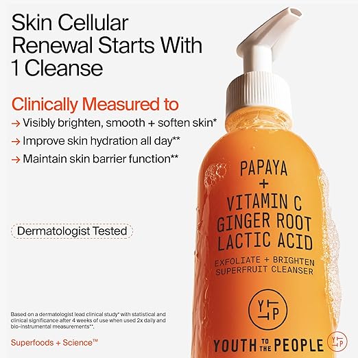 Youth To The People Superfruit Facial Cleanser - Papaya + Vitamin C Gentle Exfoliating Face Wash Cellular Skin Renewal with AHA + BHA Evens Skin Tone &amp Texture for Soft + Radiant Skin Sulfate-f