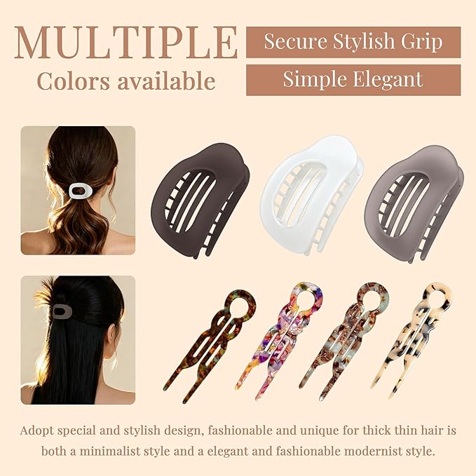 3 PACK Women's Flat Claw Hair Clips And 4 PACK No-Slip Hair Pin Strong Hold Square Hair Accessories For Thick &amp Thin Hair Lay Flat Design For Work &amp Daily Styling(A)