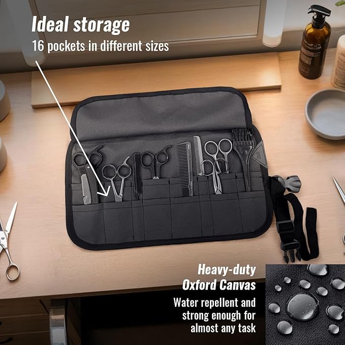 Under NY Sky Salon Scissors Roll Up Holder ? Professional Oxford Canvas Pouch Case for Hair Stylists Barbers &amp Hairdressers ? Portable Storage Organizer for Hair Cutting Shears &amp Salon Tools