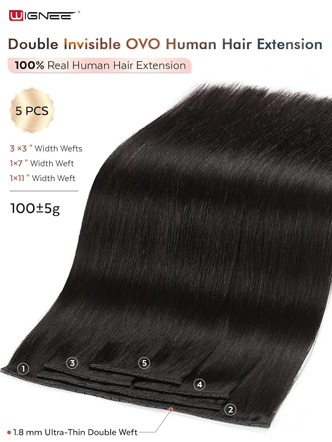 WIGNEE Natural Black Double Invisible PU OVO Human Hair Extensions 100% Remy Human Hair Bundles 18 Inch Genius Glueless Weft Hair Extensions Human Hair