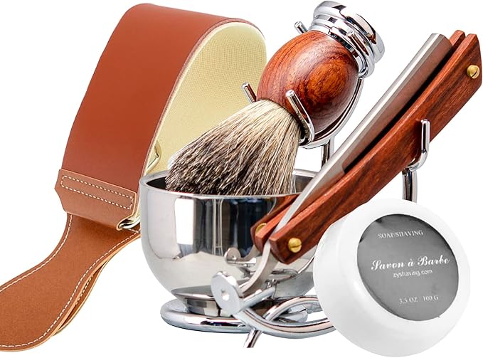 Grandslam Shaving Straight Razor Kit Cutthroat Straight Razor With Leather Strop Shaving Brush and Bowl Stainless Steel Stand Shave Soap Gift for Men
