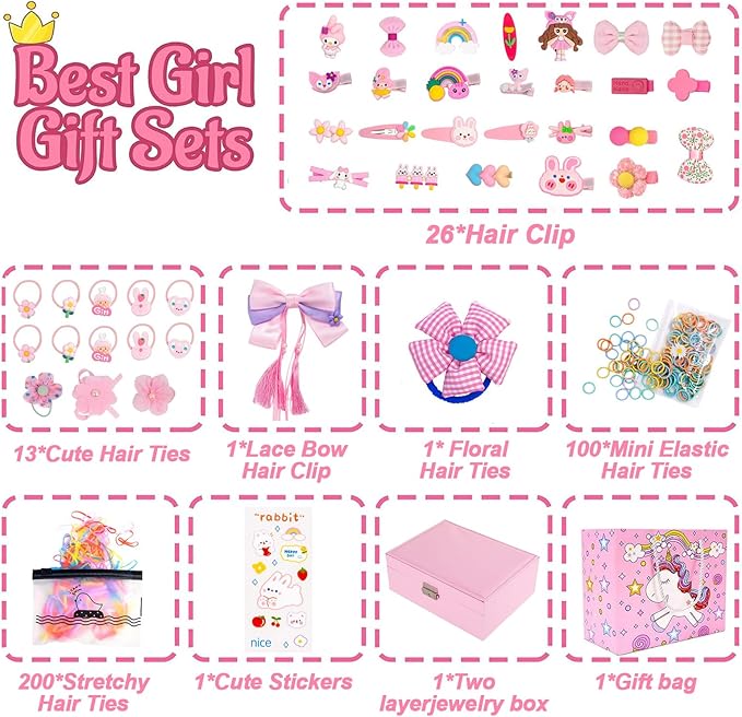 Hair Accessories Set with Jewelry Box - Hair Clips Barrettes Ties Bows for Girls Ages 3-12