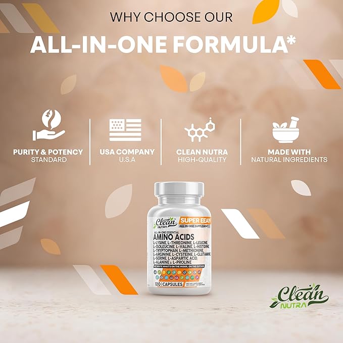 Clean Nutraceuticals Amino Acids Supplement L-Lysine L-Threonine L-Leucine Isoleucine Valine L-Histidine L-Tryptophan L-Methionine L-Arginine L-Cysteine L-Glutamine L-Serine Aspartic Acid