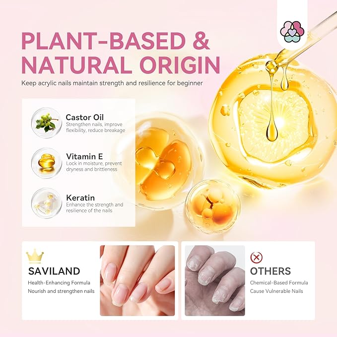Saviland Acrylic Nail Kit for Beginners: Keratin Acrylic Powder Castor Oil Vitamin E Gel Nail Polish Primer 180W Nail Lamp Nail Drill Full Tools Everything Home Starters
