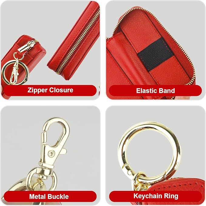 Bocasal Leather Lipstick Case Holder Chapstick Keychain Pouch Zipper Lip Balm Lip Gloss Bag for Purse with Key Chain Elastic Band Makeup Travel Organizer Cosmetic Storage Kit for Women Girls (Red)