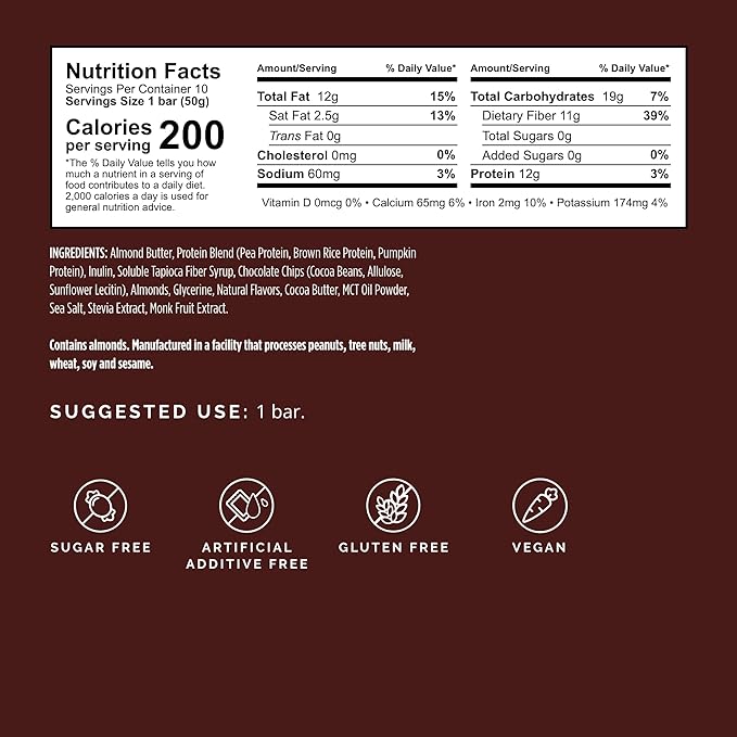 BRAINMD Brain Boost Dark Chocolate Almond - 10 Plant-Powered Protein Bars - Vegan Gluten Free Keto Friendly