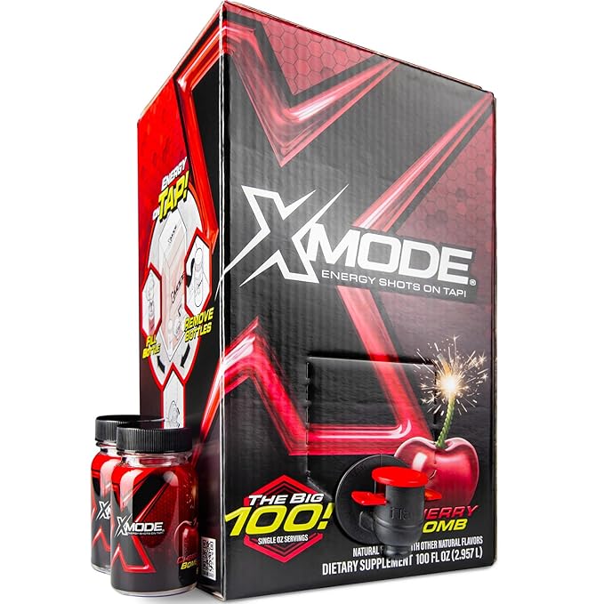 XMODE Extra Strength Energy Shots on Tap ? Cherry Bomb Flavor Sugar Free 150mg Caffeine per oz B12 100 (1oz) Servings Dispenser with 2 Refillable Bottles