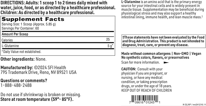 Klaire Labs SFI Health L Glutamine Powder - 5000mg Free-Form &amp Hypoallergenic Amino Acid - Supports Muscle Recovery Immune Support and GI Health - Non Dairy &amp Gluten Free (351 G / 60 Servings