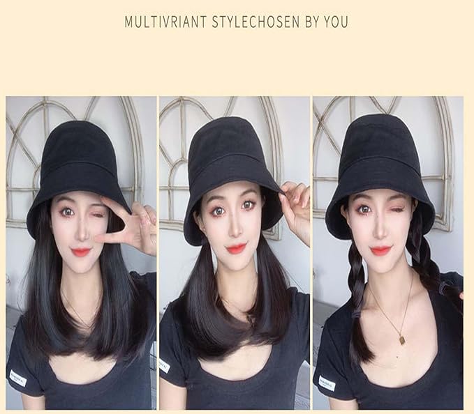 Detachable women's wig hat autumn summer bucket fisherman hat medium length hair with inner buckle collarbone wig