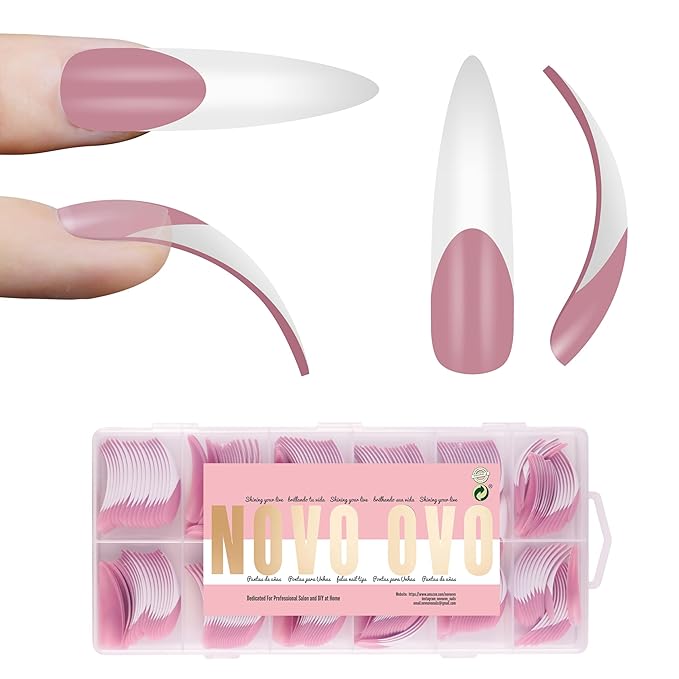 NOVO OVO Halloween XXL Curved Stiletto Almond French Tip Nail Tips Soft Gel Extra Thick Long Acrylic Hawk Curve Fake Extension Need Builder Gel &amp Top Coat Full Cover Press on DIY 12 Sizes 240 p
