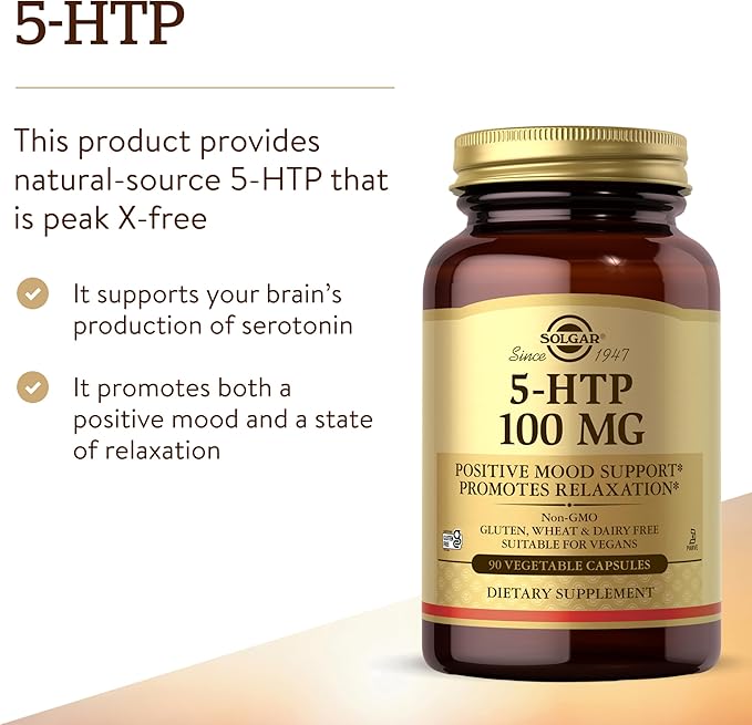 Solgar 5-HTP 100 mg 90 Vegetable Capsules - Promotes Relaxation - Positive Mood &amp Stress Support - Non-GMO Vegan Gluten Free Dairy Free Kosher - 90 Servings