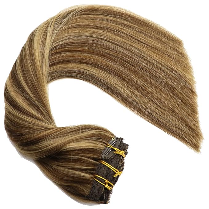 Human Hair Lace Clip In Hair Extensions Thick Ends Highlights Piano Color Chocolate Brown/Strawberry Blonde 16inch 100g Remy Hair Extensions