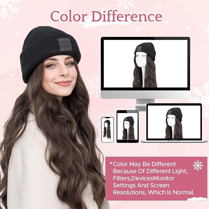 SEGO Beanie Wig for Women Hat with Hair Extentions Synthetic 11 Inch Straight Hairpiece Winter Warm Knitted Hat with Hair Attached for Women Girls 018
