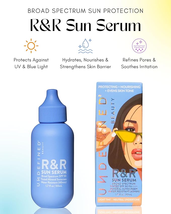Undefined Beauty R&ampR Sun Serum SPF 50 PA++++ Tinted Mineral Sunscreen with Niacinamide Water Resistant Broad Spectrum Protection &amp Blue Light Defense (Light Tint)