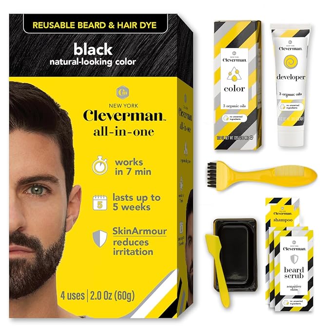 CLEVERMAN Black Hair &amp Beard Dye for Men All-in-One Reusable Kit - Natural-Looking Gray Coverage Professional-Quality Ammonia-Free 3.38 Fl Oz (1 Pack) Black Suitable for Black Hair