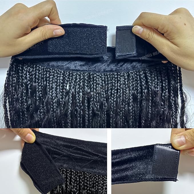 Boho Box Braids Band Wig with Human Hair Curly Ends Grab &amp Go Boho Band Braids Hair Extensions Goddess Boho Briaded Hat Wigs without Cap 12inch Natural Black