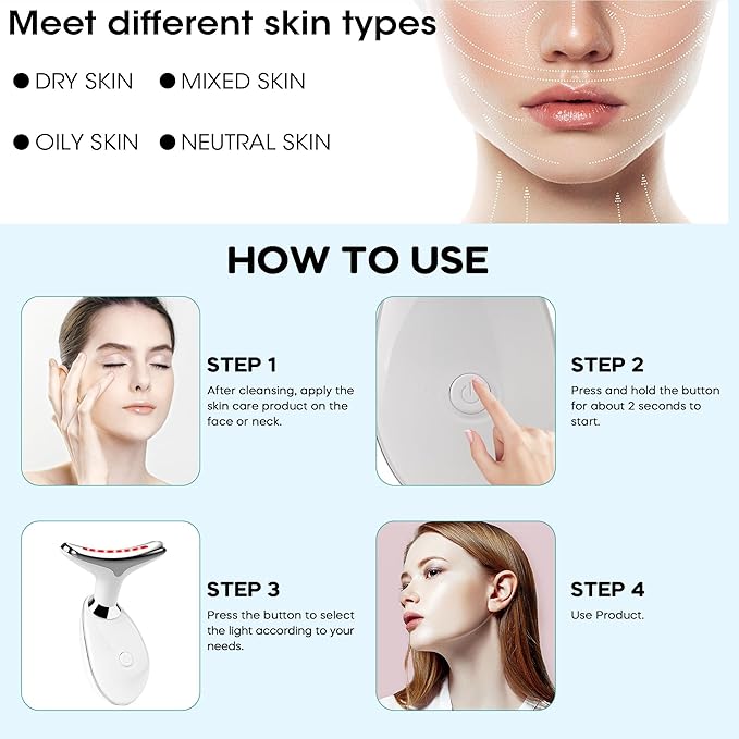 Red Light Therapy for Face 7 Color LED Facial Light Therapy Wand for Skin Care at Home Blue Light Therapy Face Massager Tool for Neck (White)