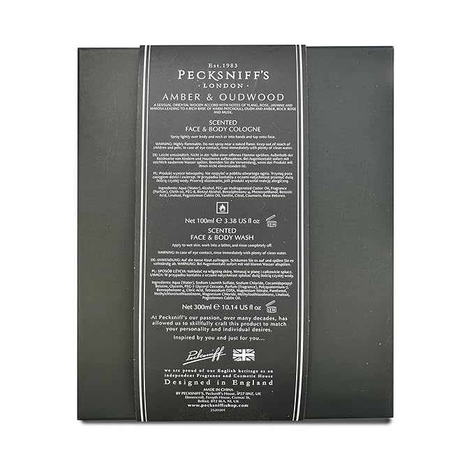 Pecksniff's Face &amp Body Duo Amber &amp Oud Wood ? Men?™s Grooming Gift Set with 100ml Face &amp Body Cologne and 250ml Body Wash ? Luxury Fragrance Collection Made in England