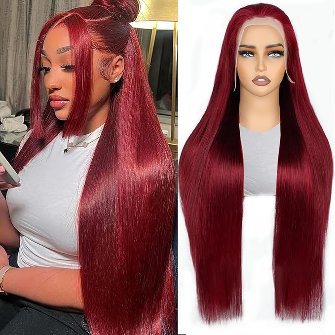 PANDA ANGEL 32 Inch Burgundy Lace Front Wigs Human Hair Red Burgundy Wig Human Hair 13x4 Hd Transparent Lace Frontal Wigs Human Hair 99J Burgundy Straight Wigs for Women