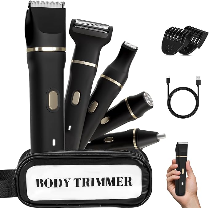 Bikini Trimmer for Women 5-in-1 Waterproof Electric Razors for Women Painless Pubic Hair Trimmer Rechargeable Electric Shaver Bikini Razor with Travel Case Body Shaver &amp Face Nose Trimmer Bl