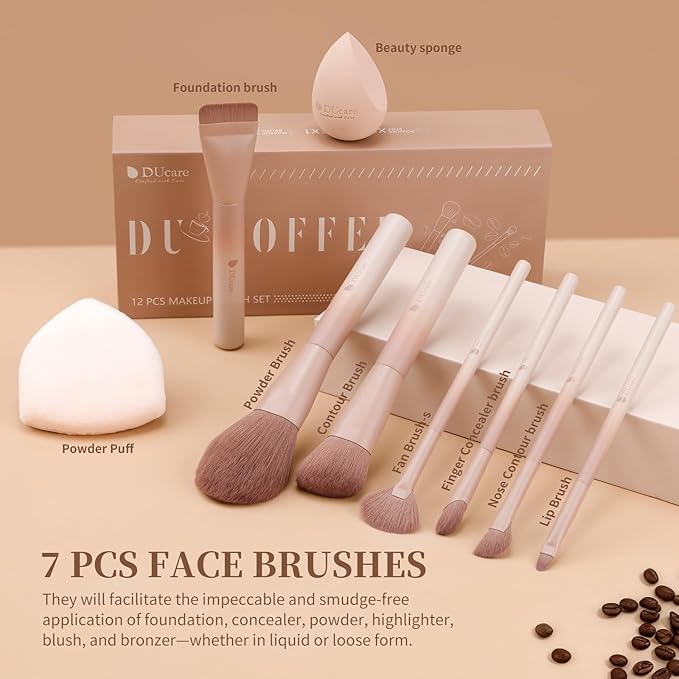 DUcare 14pcs Christmas Makeup Set12Pcs Coffee Series Makeup Brush set with 2pcs Makeup Sponges Foundation Blending Face Powder Blush Eye Shadows Brushes