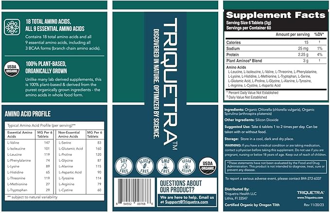 Plant Aminos Organic Essential Amino Acid Supplement (EAAs) &amp BCAA - 100% Plant-Based Raw Vegan - All 9 Essential Amino Acids with 18 Total Amino Acids (360 Tablets)
