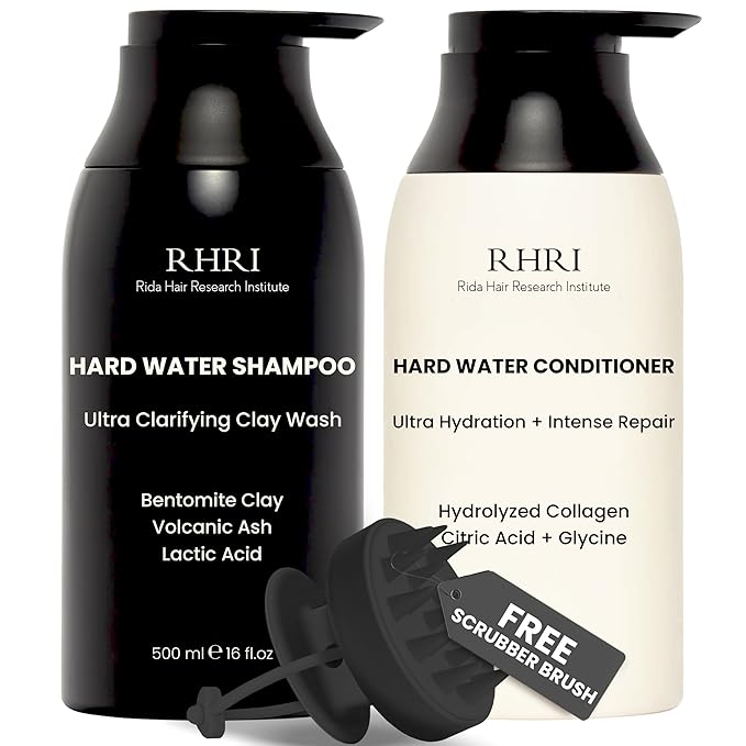 Hard Water Shampoo &amp Conditioner Set | Hydrating Hair Treatment for Shine &amp Manageability | Clarifying Wash with Bentonite Clay Volcanic Ash Lactic Acid | Metal Detox Shampoo with Collagen 3