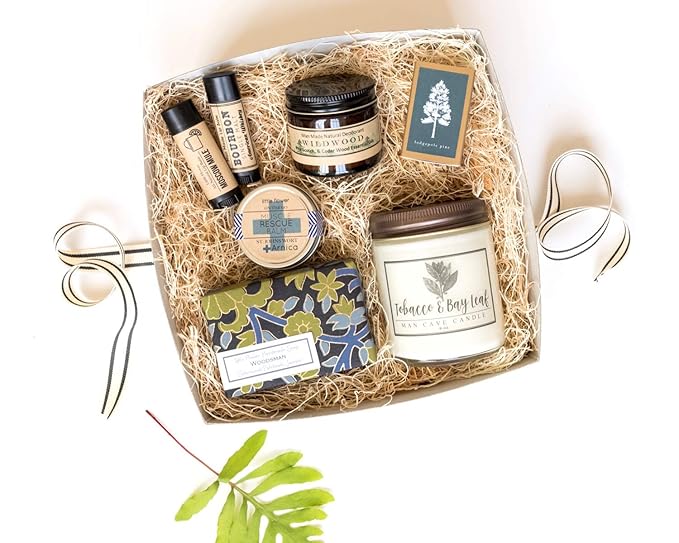 Woodsman Men's Self Care Gift Box - Holiday Gift for Men - Handmade Spa Set with Soap Candle Lip Balm Deodorant and Muscle Balm - Christmas Gift Idea for Dad Husband Boyfriend or Grandpa
