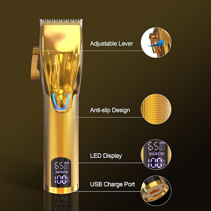 Cordless Hair Clippers for MenProfessional Hair Clippers Trimmer KitBarber Fading Clipper and Zero Gap T-Blade Trimmer Set with LED Display for Mens Gifts(Gold)