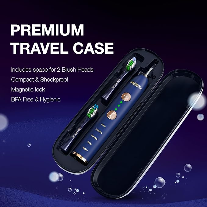Wagner Stern WHITEN+ Edition. Whitening Electric Toothbrush with Pressure Sensor. Offers 5 Brushing Modes 3 intensities 8 Soft Brush Heads and a Luxury Travel case.