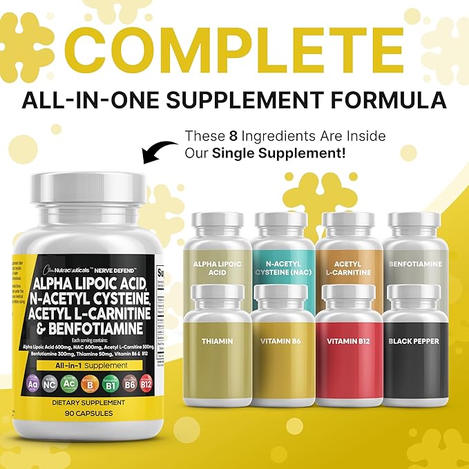 Alpha Lipoic Acid 600mg N-Acetyl Cysteine 600mg Acetyl L-Carnitine 500mg Benfotiamine 300mg - Nerve Support Supplement for Women and Men with Vitamin B1 B6 &amp B12 - Made in USA 90 Caps