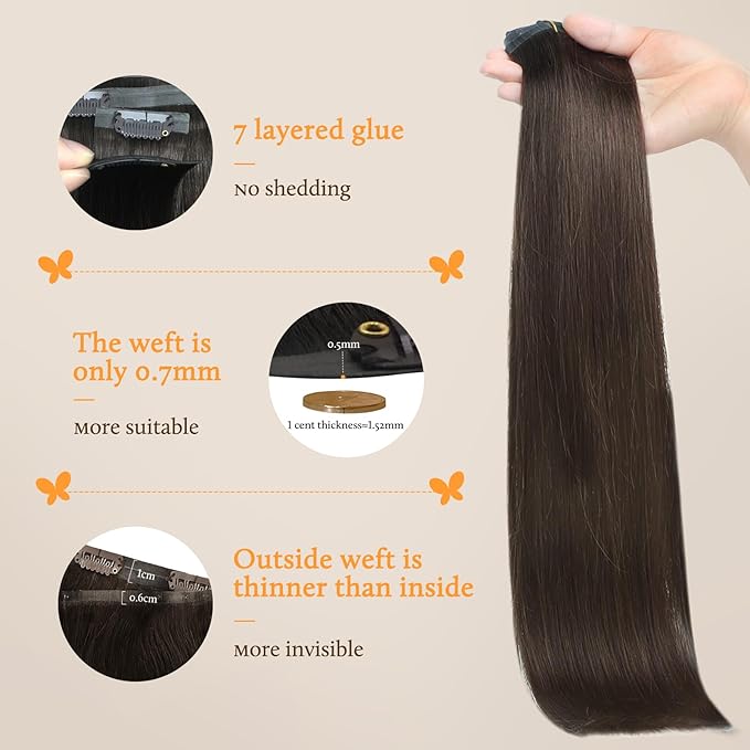 DOORES Seamless Clip-in Hair Extensions Real Human Hair Light Dark Brown 18 Inch 110g 7pcs Invisi Edge Straight Natural Hair