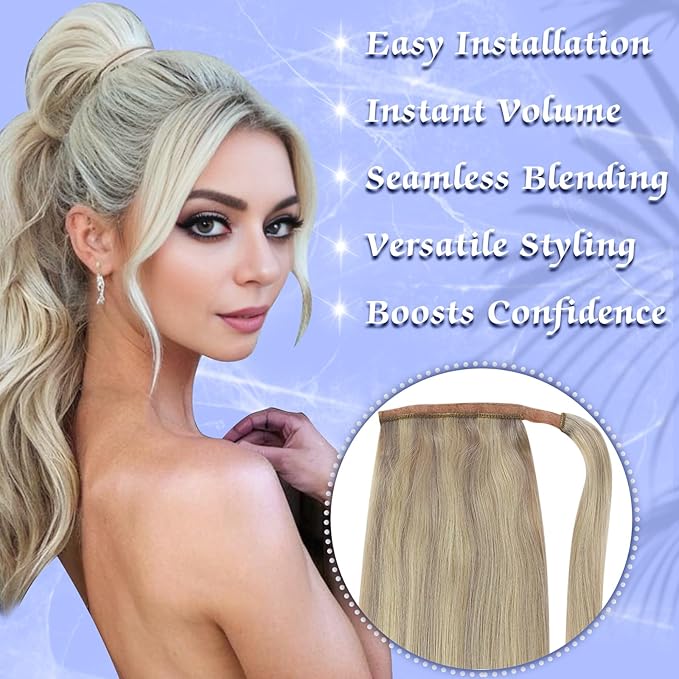 Full Shine Human Hair Ponytail Extension Platinum Blonde Ponytail Extension Blonde Human Hair Straight Remy For Women 70 Grams 14 Inch