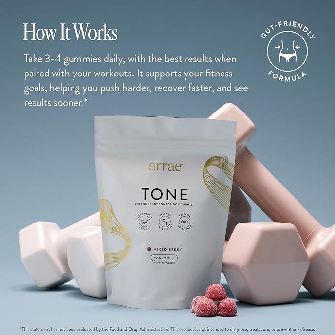 Arrae Tone Gummies ? Creatine Monohydrate 5g for Women ? Support Lean Muscle Strength &amp Recovery ? Hormone-Friendly Muscle Toning Supplement ? Mixed Berry Flavor ? 90 Count